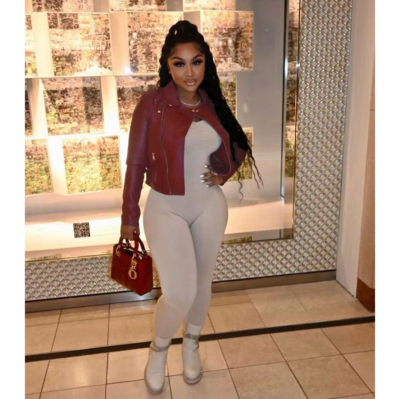 

Fall Women Clothing Fashion Solid Zipper PU Leather Jacket Casual Coat Harajuku Clothes Vintage Streetwear Wholesale Items