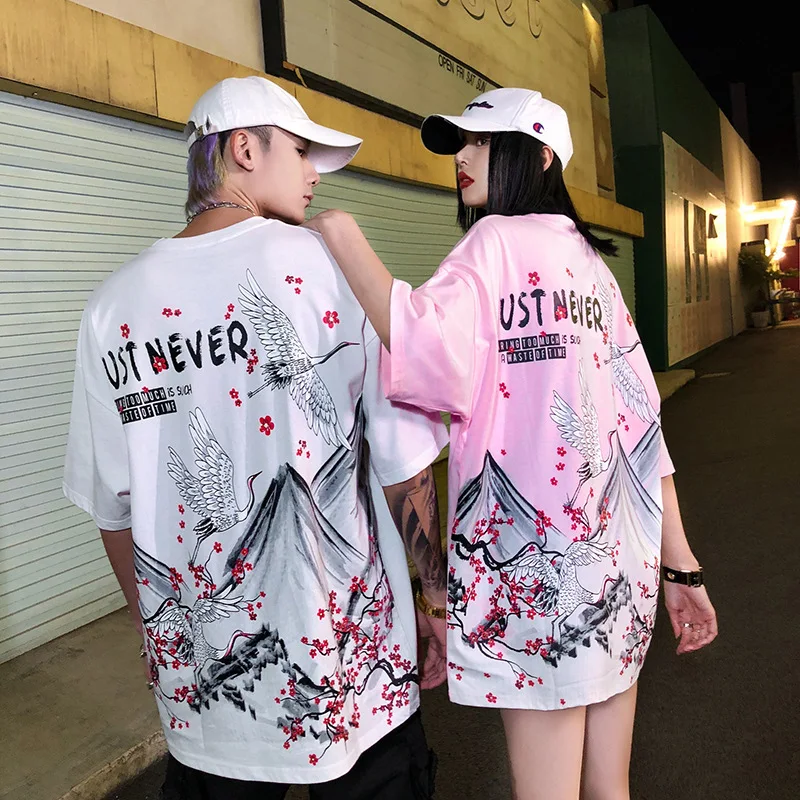 

2021 New Summer National Monsoon Crane Short-sleeved Male Loose Half-sleeved Hip-hop Ins Couple Wear Loose Wild Street T-shirt