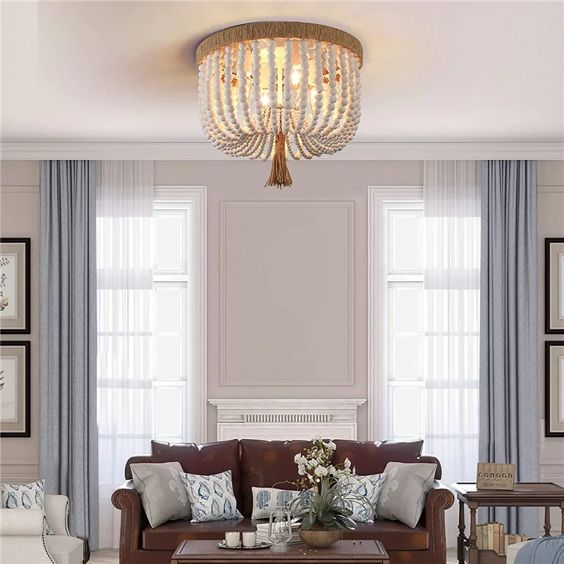 Скандинавская потолочная лампа деревянная люстра с бусинами в стиле ретро белый