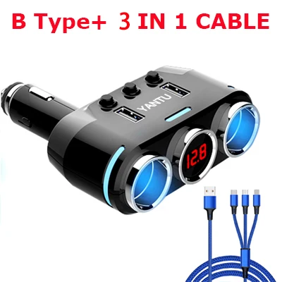 B with 3in1 cable ACCNIC 2 USB порта 3 Way розетка для автомобильного прикуривателя Разветвитель зарядное устройство DC 12~ 24V прикуриватель гнездо черный - Название цвета: B with 3in1 cable