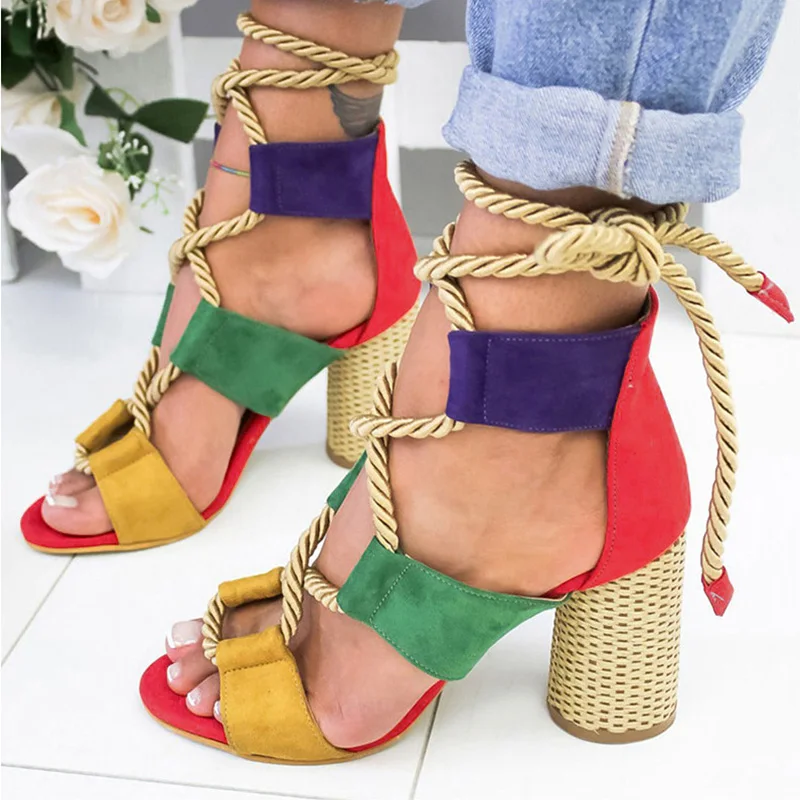 

Women Pumps Lace Up High Heels Women Gladiator Sandals For Party Wedding Shoes Woman Summer Sandals Thick Heels Chaussures Femme