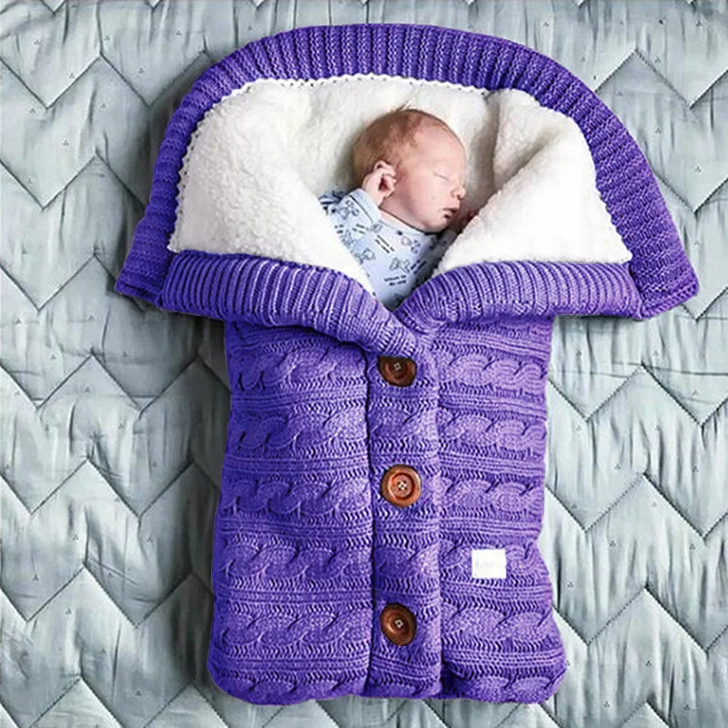 Purple Зимние теплые спальные мешки для новорожденных; вязаная Пеленка на пуговицах для младенцев; пеленка для коляски; одеяло для малышей; спальные мешки - Цвет: Purple