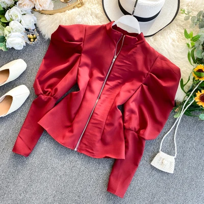 

2021 Puff Sleeve Zipper Slim Women Vintage Jacket Outfit High Waist Ladies Fashion Autumn Long-sleeved Shirt Top