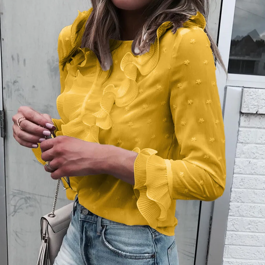 Женские топы и блузки с рюшами блуза круглым вырезом расклешенными рубашка