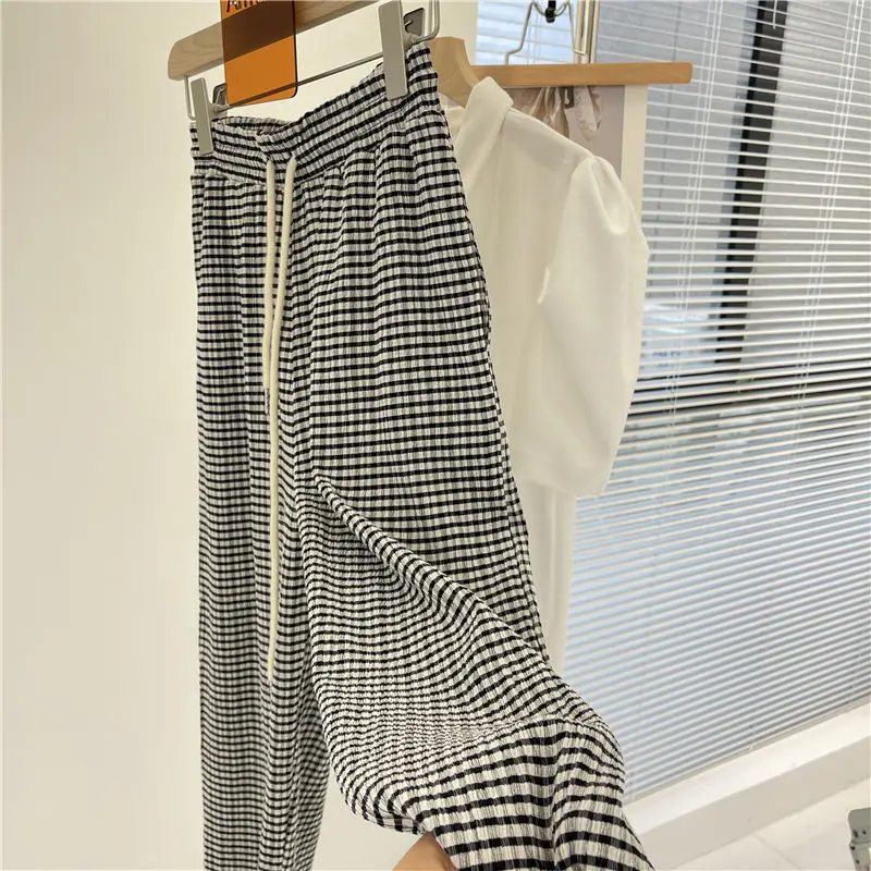 

Retro Plaid Pants Female Summer Thin Loose Korean Students Straight Drape High Waist Drawstring Mopping Trousers