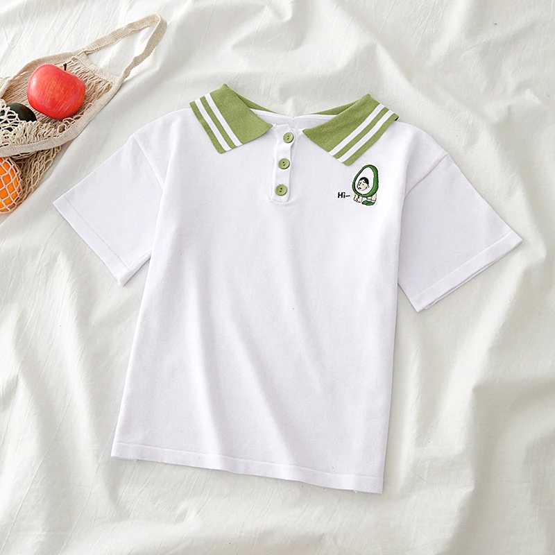 HELIAR Green Polo Shirt Knit Peter pan Collar Knitted T-shirts Short Sleeve Casual Solid High Street For Women | Женская одежда