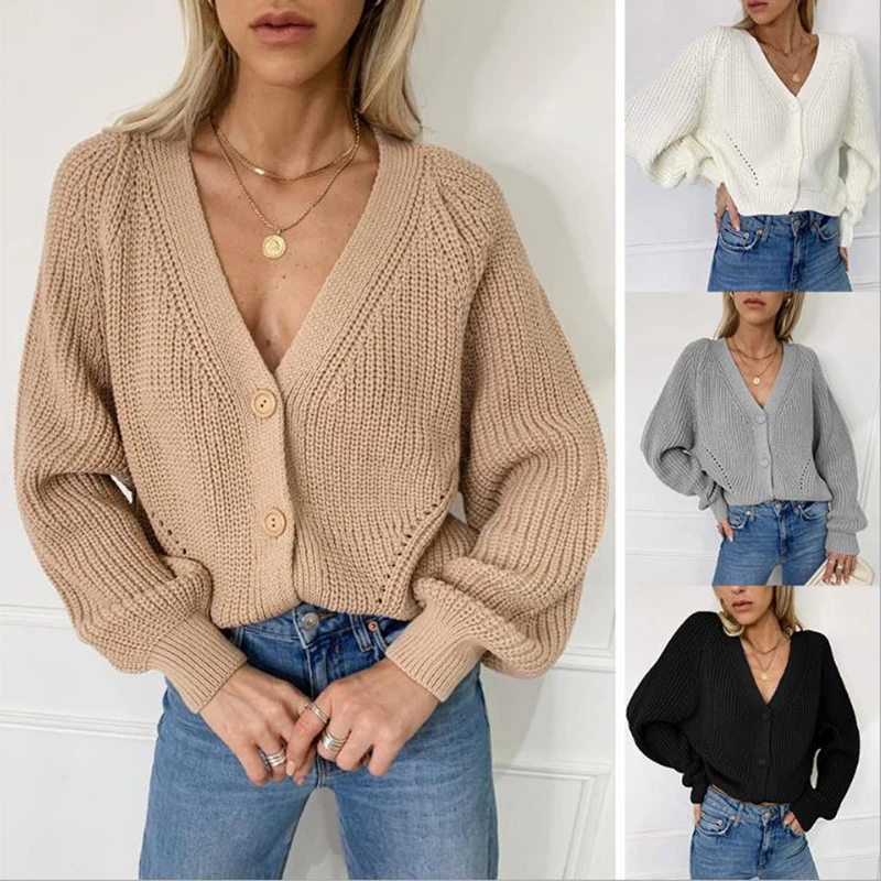 

Cardigan Sweater Tops Autumn Woman Knitted Loose Casual Solid Color V Neck Lantern Sleeve Button Jacket Winter Coat Streetwear