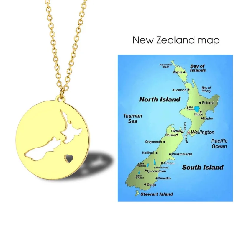 

Fashion Round Pendant Jewellery Stainless Steel New Zealand Map Necklace For Gift