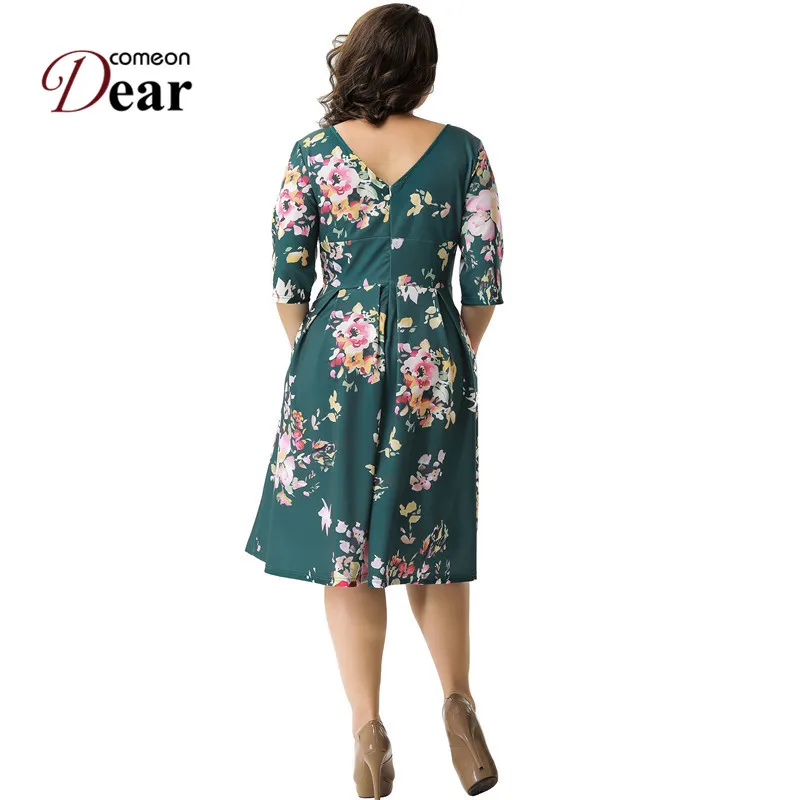 

Comeondear Women Midi Dress Elegant Flower Print Dress Short Sleeve O Neck A-line Vintage Party Dresses Female Vestidos RB80508