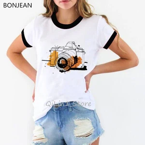 Футболка женская с акварельным принтом и камерой, винтажная уличная одежда, праздничный Топ 90-х одежда tumblr, на лето