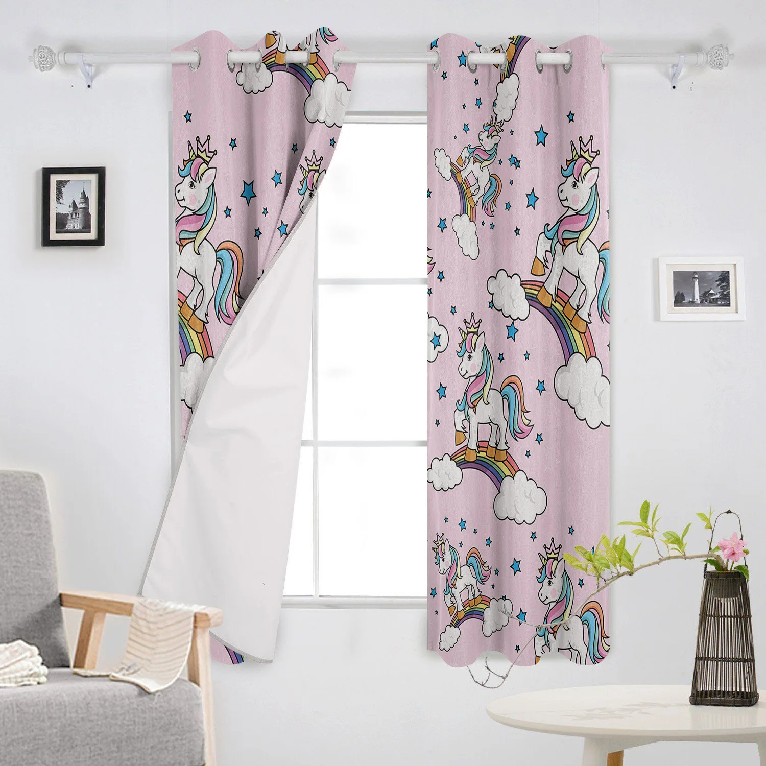 Розовая Радужная занавеска с изображением единорога затемненная для кухни