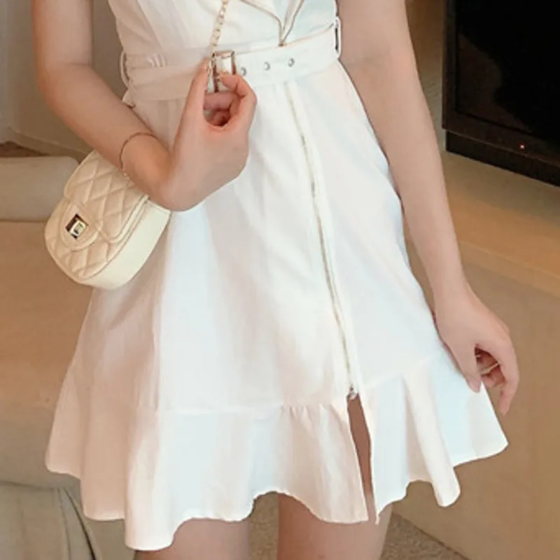 

High Waist Belt Sashes Lapel Elegant Women Summer Dress Korean Sexy Solid Fashion Short Sleeve Ruffle Mini Robe Vestidos New