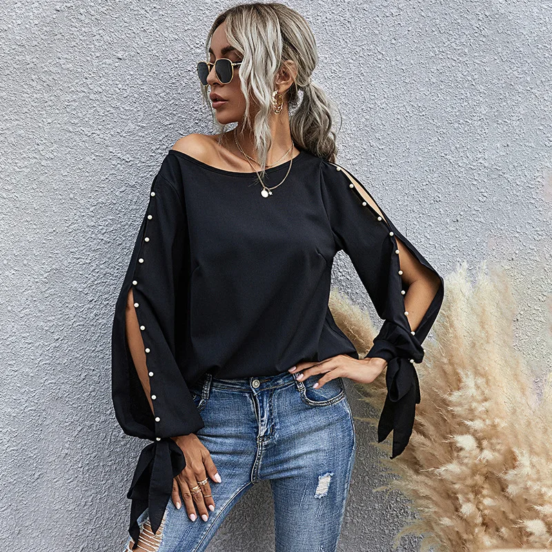 

2021 Women's Pearl Sleeve Top Round Neck Solid Color Fashion Top Slim Fashion Chiffon Top Ladies Fashion Comfortable Wear New