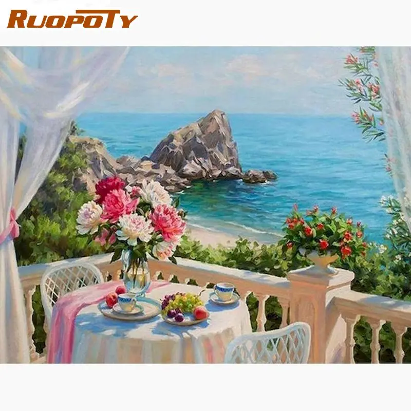 

RUOPOTY 60x75cm Framed Painting By Numbers Handmade DIY Gift Beautiful Holiday Village Scenery Paint Kits Home Living Room Craft