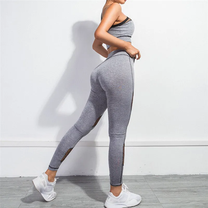 Фитнес костюм для спорта йоги комплект из 2 предметов одежды женские кружевные