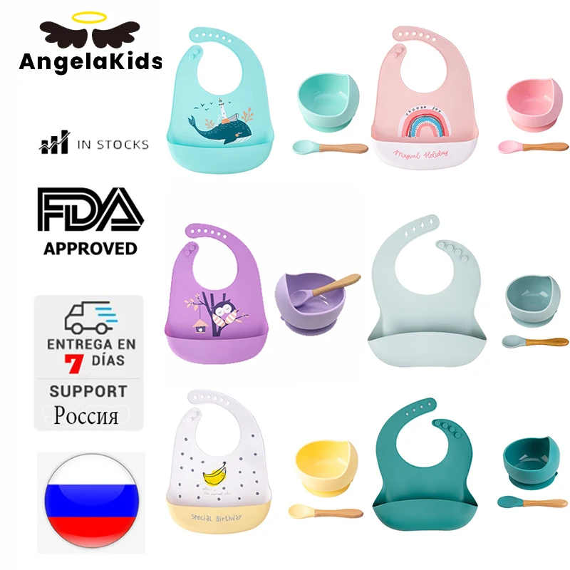 

Детская посуда, тарелки для кормления, Набор чашек, водонепроницаемые нагрудники, присоска, силиконовый набор, Детские тарелки для младенце...