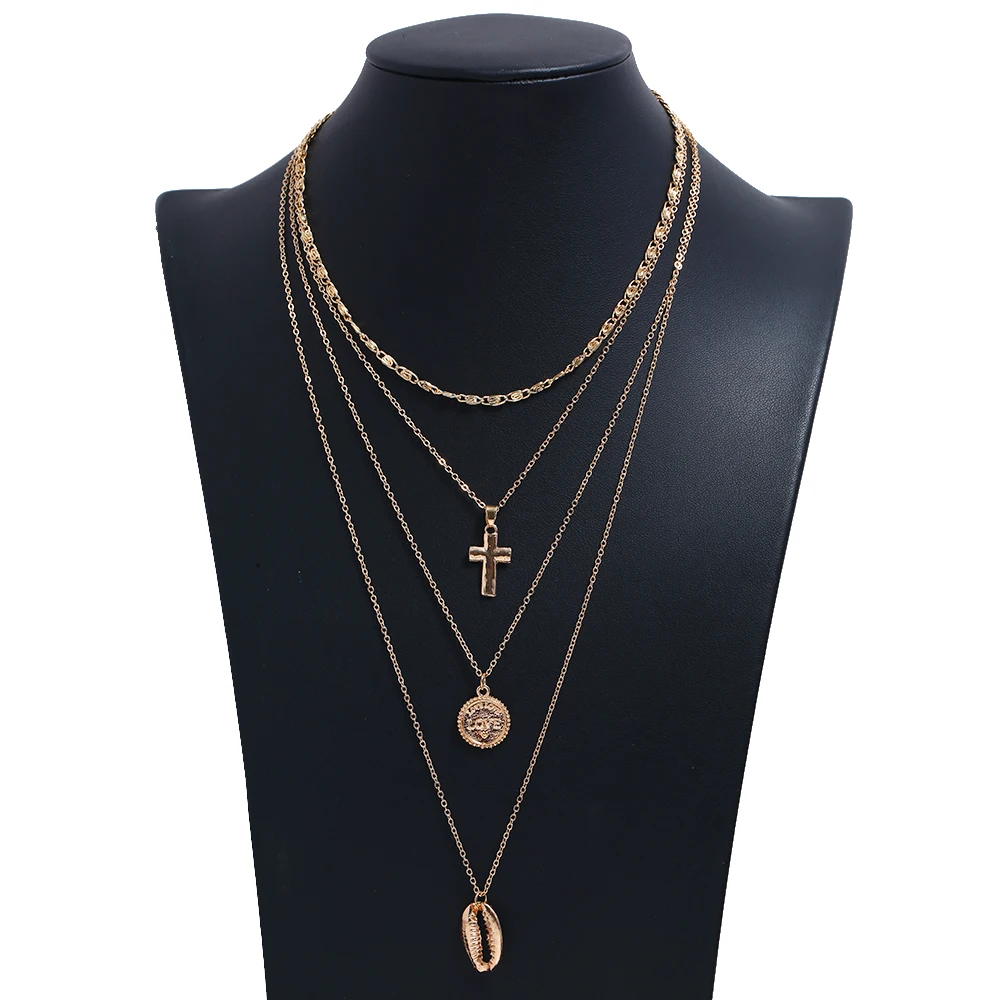Retro Gold Cross Ocean Shell Letter Round Chain Pendant Multistorey Necklace For Women Charm Boho Party Jewelry | Украшения и