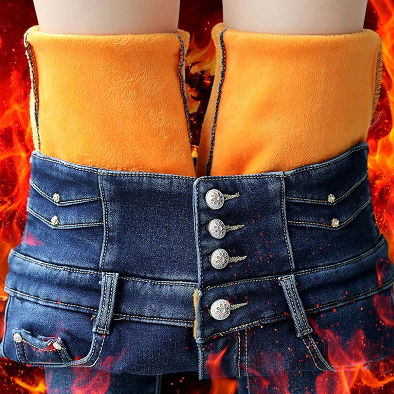 

Plus Size Velvet Fleece jeans for Women Winter Jeans Female High Waist Denim Skinny Warm Thick Jeans Stretch Pantalon Femme