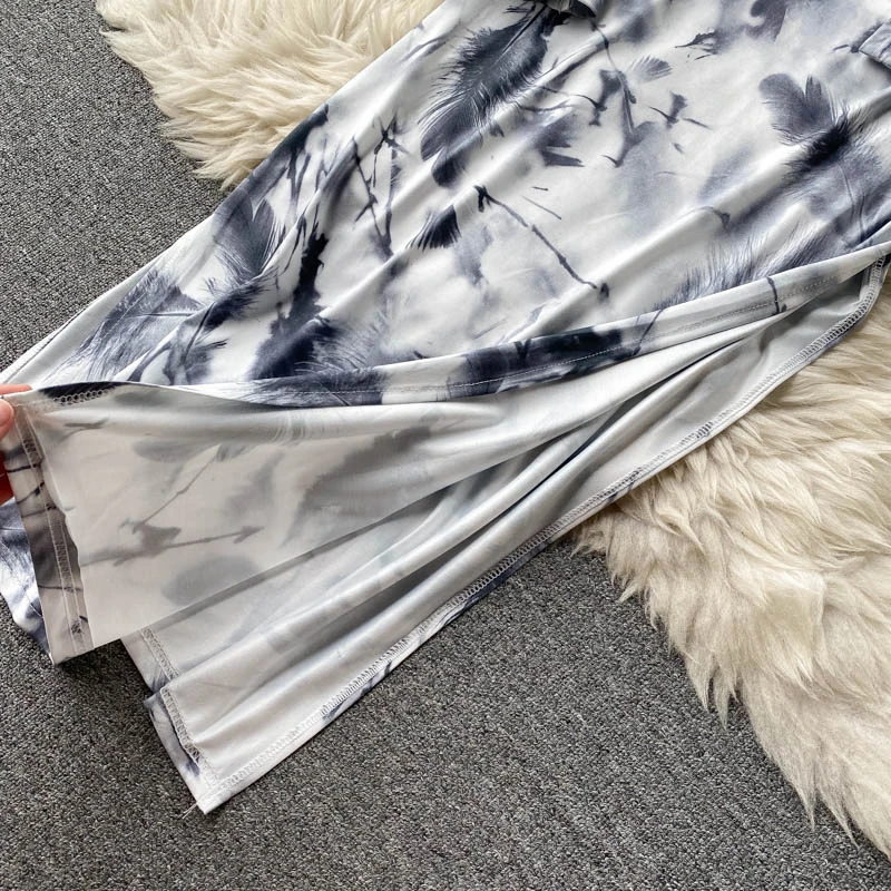 

New Spring autumn ink print dress women's round neck long sleeve slim fit,high split midi bodycon party sheath ladies dresses