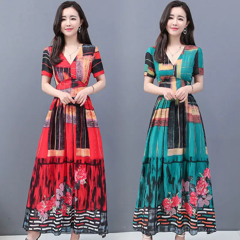

Short-sleeved Floral Chiffon Dress 2020 Summer New Temperament Slimming Long Dress Female Boho Fashion Print Vestidos K124
