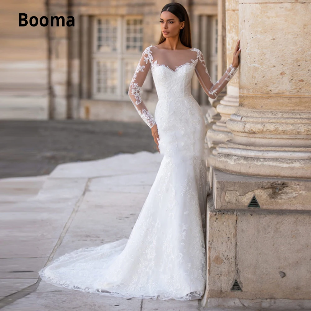 

Booma с длинным рукавом элегантные кружевные свадебные платья Русалка 2019 Белое Атласное пляжное Свадебное Платье Иллюзия богемные Свадебные ...