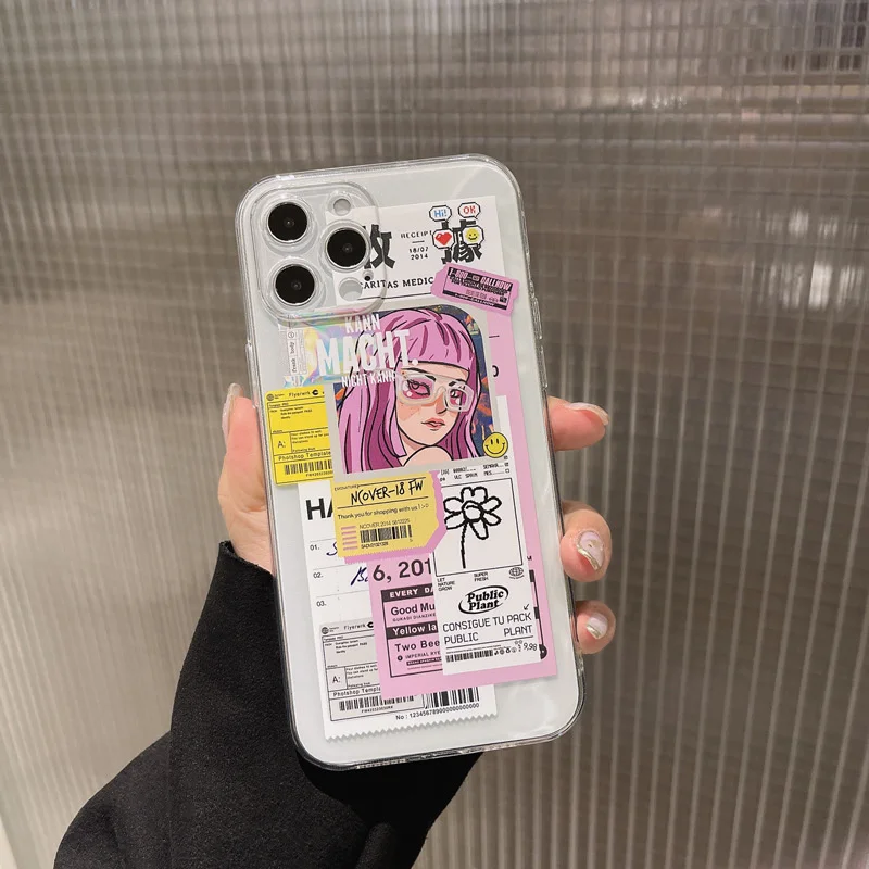 

Art Retro Graffiti Label Girl Korean Phone Case For iPhone 12 11 Pro Max Xr X Xs Max 7 8 Puls SE 2020 Cases Soft Silicone Cover