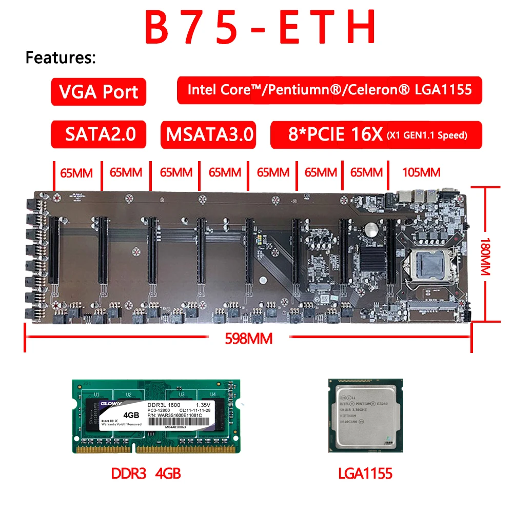 

Brand New Mining Machine B75 Motherboard 8 PCIE 16X Graphics Card Slot 8G Mainboard Memory For LGA 1155 CPU Eth Zec ETC Mining