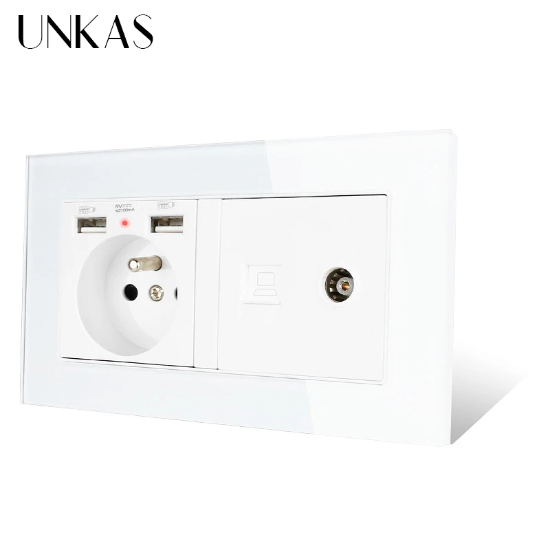 Французская стандартная розетка UNKAS со стеклянной панелью и двойным USB портом +