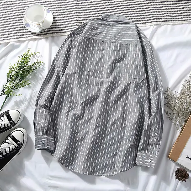 2020 Men Oversized Cotton Striped Blouse Shirt Long Sleeve Single Breasted Vintage T Homme Couple Korean Harajuku Clothing | Мужская