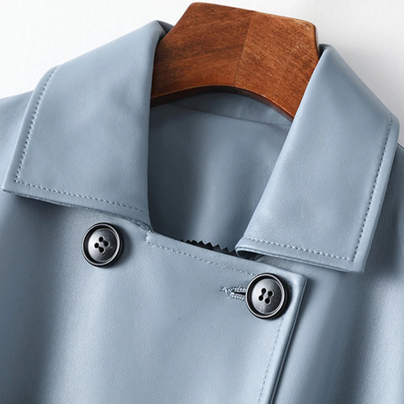 Lautaro Осенний длинный голубой кожаный тренч для женщин с поясом карманами