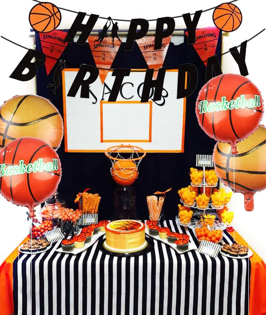 

Basketball Party Decorations for Boys Sports Theme Birthday Party Supplies with Banner Cupcake Toppers Black Orange Balloons