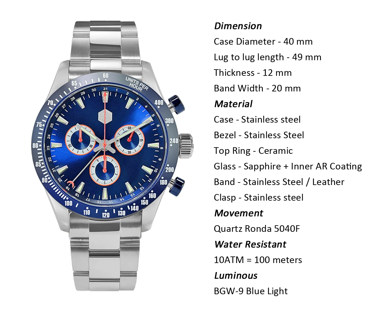 Lugyou San Martin Quartz Watch Men Chronograph Timepiece Sun ray Metal Band Sub Dials Pusher Sapphire 100m Water Resistant Glow