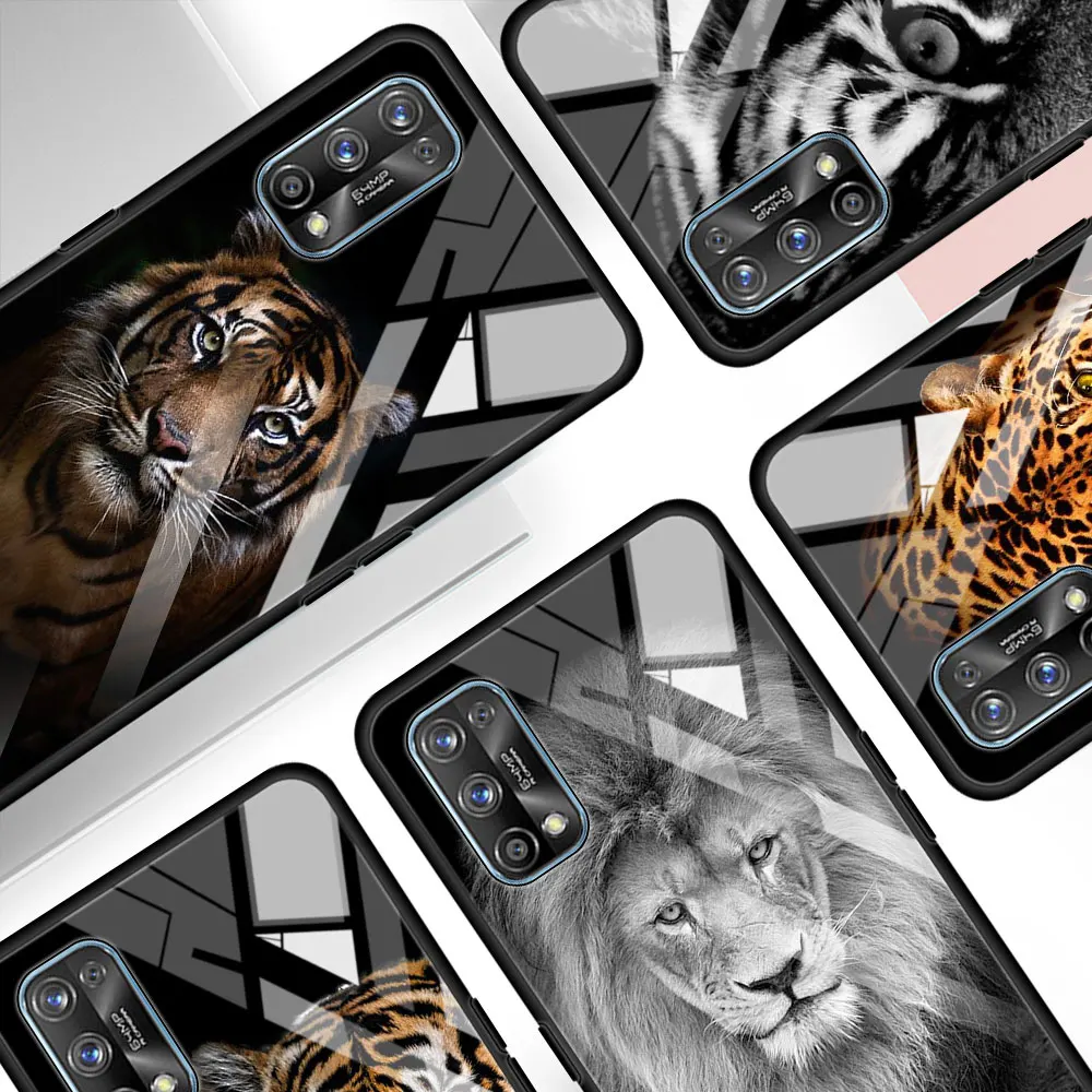 

Case For Oppo A9 2020 Find X2 Lite A52 Phone Capa For Realme 6 7 5 Pro 7i C3 XT Tempered Glass Cover Lion Tiger Animal Coque