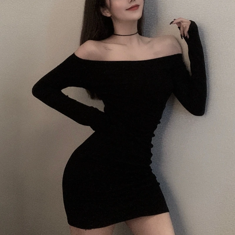 С открытыми плечами женское черное облегающее платье 2020 модная одежда с длинными