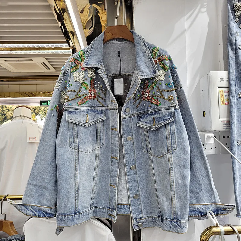 

Beading Sequins Flowers Denim Jackets Women Streetwear Spring Autumn Sequins Loose Short Outerwear Blue Jeans Jacket Coat Female