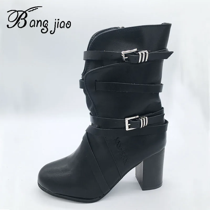 Fashion Buckle Belt Winter Boots Women Mid-calf New 2020 Leather Waterproof Snow woman shoes botas mujer | Обувь