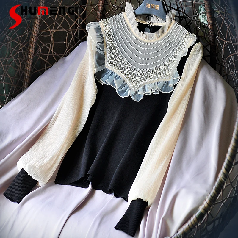 

Pearl Stringy Selvedge Stand Collar Knitwear Court Retro Elegant Chiffon Patchwork Top 2022 Spring New Pullover Sweater Ladies