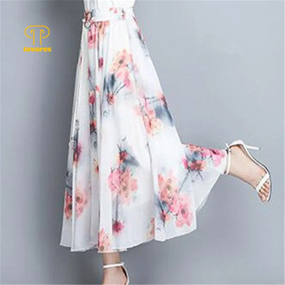 

TAVARES A-Line Pleated Umbrella Skirts Summer woman All-Match Korean Cute College Style Chiffon High Waist Skirt girls