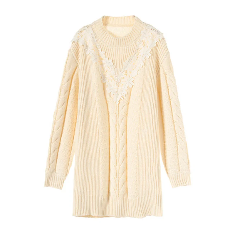 Кружевной Удлиненный свитер с принтом зима 2019 плотный теплый вязаный пуловер