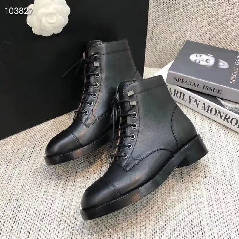 

With Logo Shoes for Women Genuine Leather Lace-Rivet Buckle Flat Boots Internal Increase Cowhide Martin Boots Middle Tube