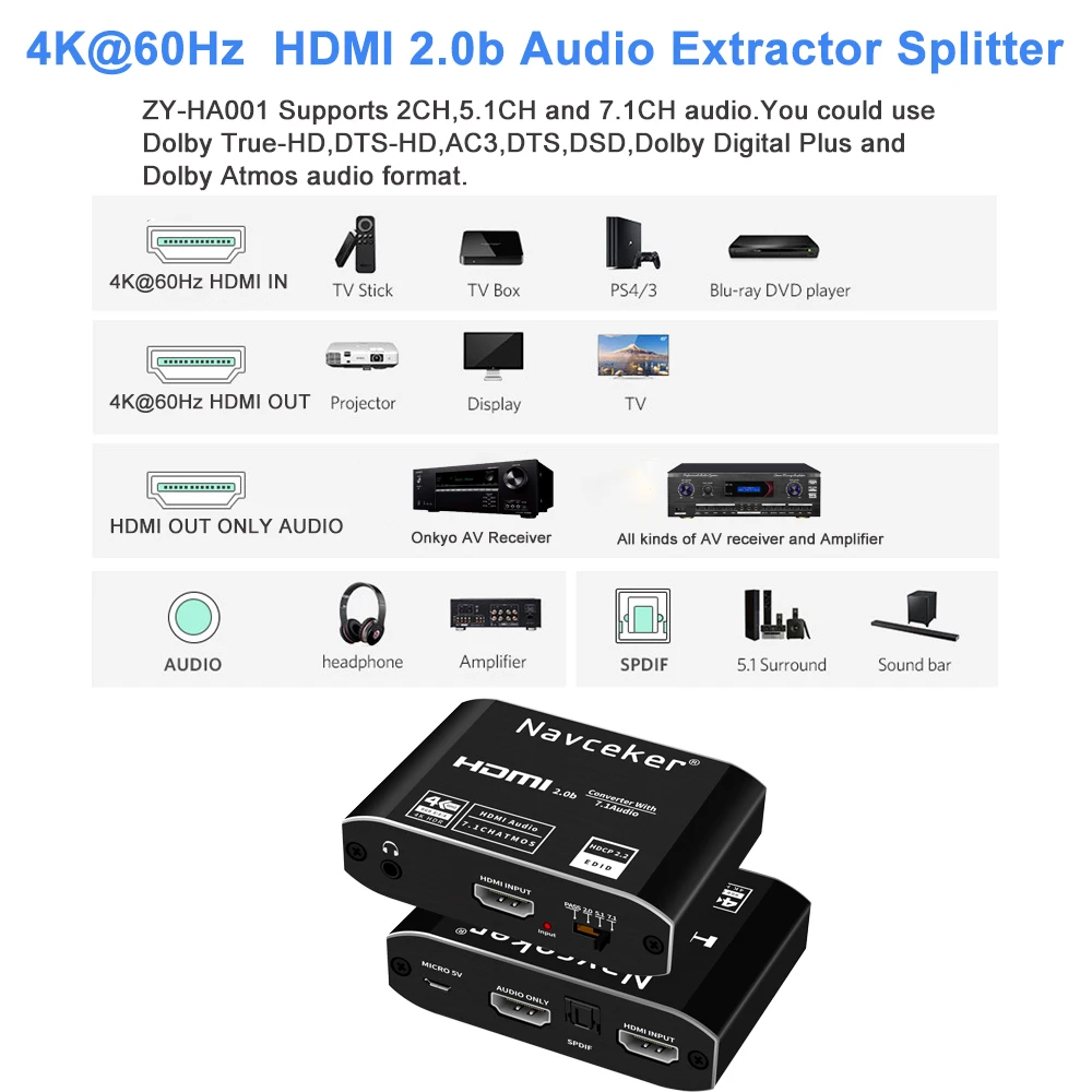 4K HDMI к RCA аудио экстрактор SPDIF конвертер адаптер AV RSA поддержка @ 60 Гц RGB 8:8:8 HDCP 2 3 5 мм