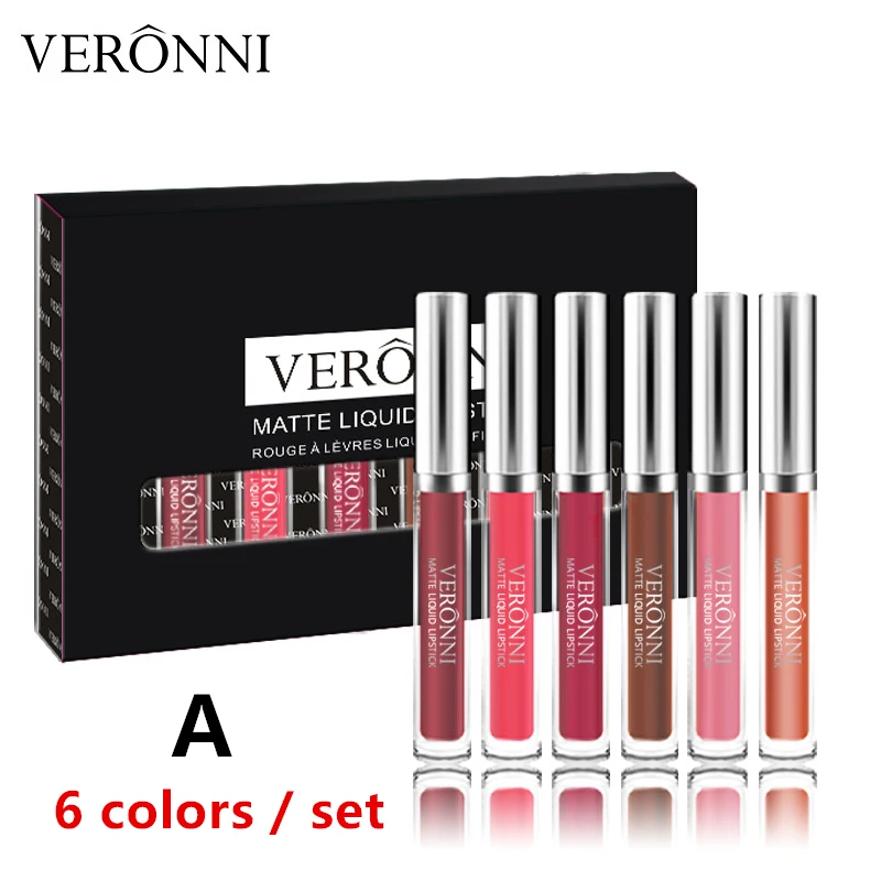 6pcs with box A Бренд VERONNI, 6/12 цветов, Матовая жидкая губная помада, набор для макияжа, матовый блеск для губ, набор, Batom, водостойкая косметика для губ, бархатный набор для губ - Цвет: 6pcs with box A