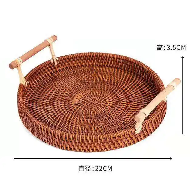 

3pcs Hand-Woven Round Rattan Tray Fruit Snacks Storage Basket Organizer with Handle Autumn woven storage tray snack fruit tray
