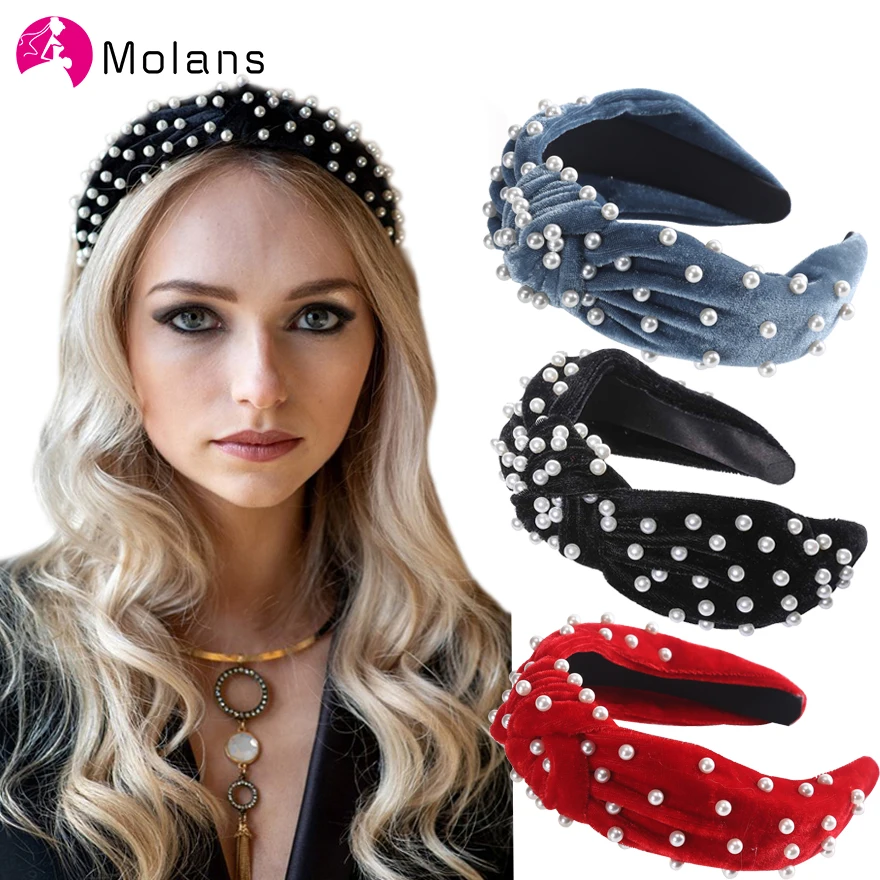 Женский бархатный ободок с жемчужинами Molans черный искусственным жемчугом 4 см