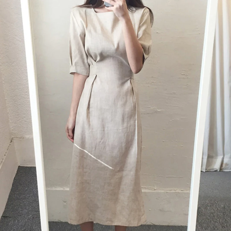 Платье женское летнее из хлопка и льна с круглым вырезом коротким рукавом |