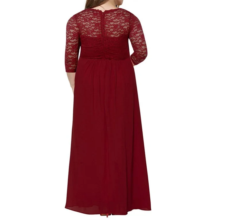 Женское шифоновое платье с V-образным вырезом длинным рукавом и кружевом |