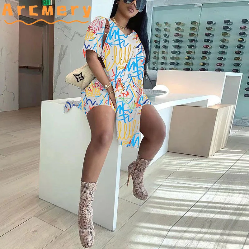 

2 Pieces Shorts Sets Women Short Sleeve Printed T-shirt & Bodycon Shorts Casual Lounge Wear