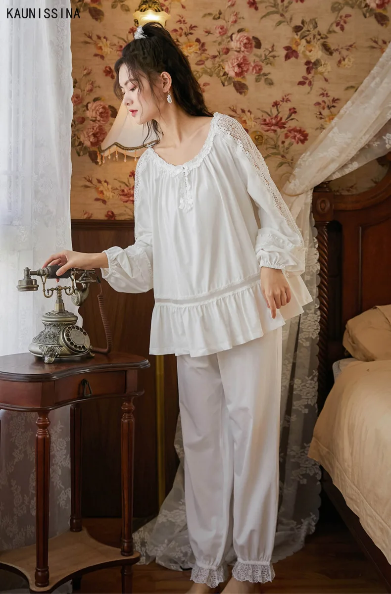 

Women Spring Cotton Pajama Sets Long Sleeve Tops Elastic Waist Pants Soild White Lace Pajamas Retro Princess Lounge Sleepwear