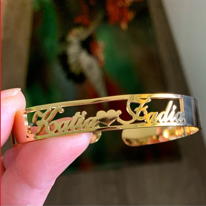 

Personalized Gold Custom 2 Name Stainless Steel Bracelet Bangle Gift Women Charm Handmade Nameplate Engraved Adjustable Jewelry