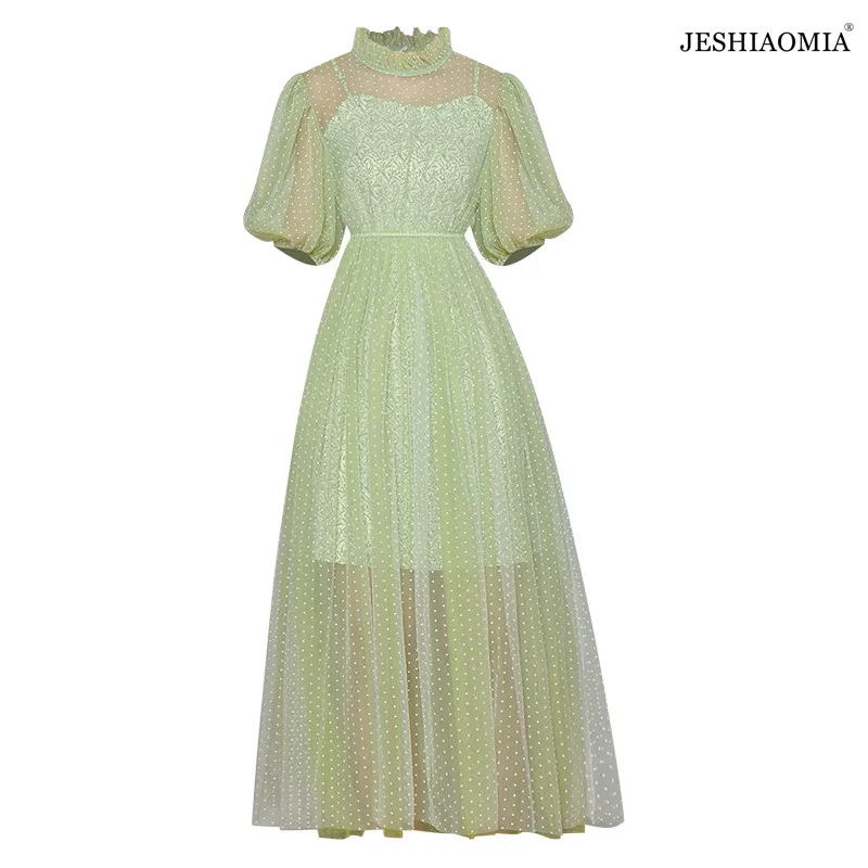 

Летнее платье Макси JESHIAOMIA с рюшами на воротнике, пышными рукавами и принтом в горошек, 2021